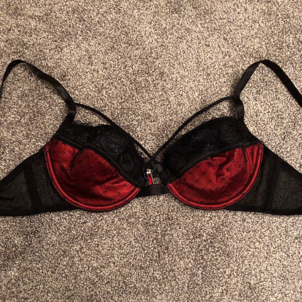 Sexy Red and Black Lace Bra with Jewel Detail